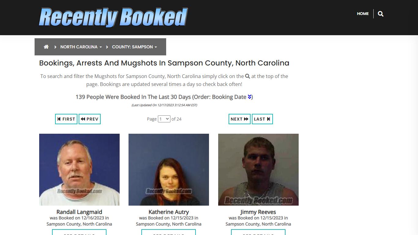 Bookings, Arrests and Mugshots in Sampson County, North Carolina